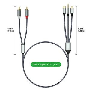 Lightning to RCA Cable Audio Aux Adapter,RCA to 3.5mm Cable，USB C to 2 RCA Audio Cable， (3 in 1 Audio Cable) for Power Amplifier, Car, Home Theater, Speaker and More(Lightning Compatible)（4.26FT