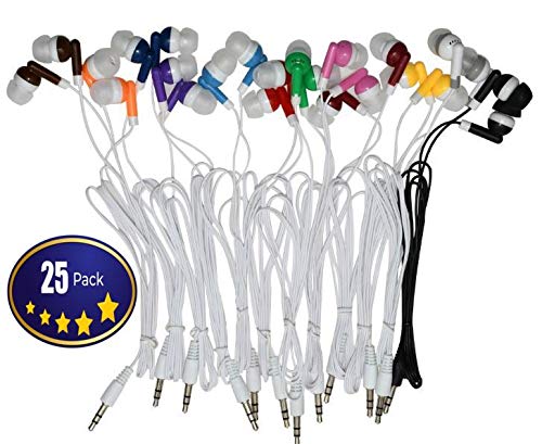 Deal Maniac Wholesale Kids Bulk Earbuds Headphones (25-Pack) Earphones, 12 Assorted Colors,for Schools, Libraries, Hospitals