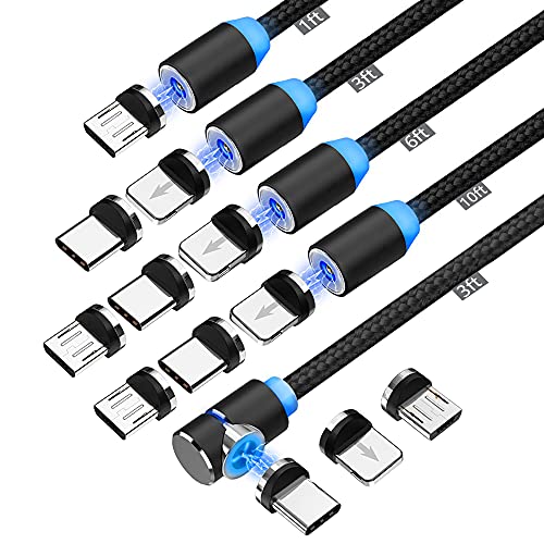 Magnetic Charging Cable (5 Pack 1/3/3/6/10ft),360° Rotating Magnetic Phone Charger Cable with LED Light, 90° Angle Connector, Nylon-Braided Cords (Black)