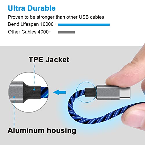 USB C Cable, Type C Charging Cable Fast Charge,6ft Lighted Up LED Type C Cable, USB Type C Cable Charging Cord Compatible with Samsung Galaxy S10 S9 S8 Note 20,LG V30 V20 G6 (6ft,Blue)