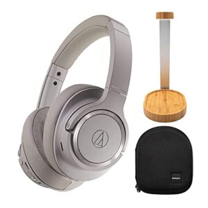 audio-technica ath-sr50bt bluetooth wireless over-ear headphones (brown-gray) with knox gear stand and protective case bundle (3 items)