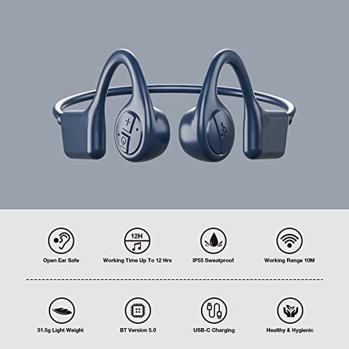 ROPASOMIC Bone Conduction Headphones, Open Ear Wireless Earphone Bluetoeth Headset with 12 Hours Playtime IP55 Sweatproof Built-in Mic,Perfect for Running Cycling Hiking and Workouts(Blue)