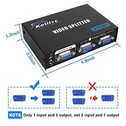 KELIIYO VGA Splitter 2 Port Powered Video Splitter with AC Adaptor 1 to 2 VGA Duplicator Support 1920X1440 Resolution 220 MHz Bandwidth for Screen Duplication