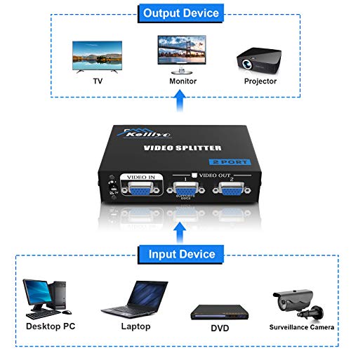 KELIIYO VGA Splitter 2 Port Powered Video Splitter with AC Adaptor 1 to 2 VGA Duplicator Support 1920X1440 Resolution 220 MHz Bandwidth for Screen Duplication