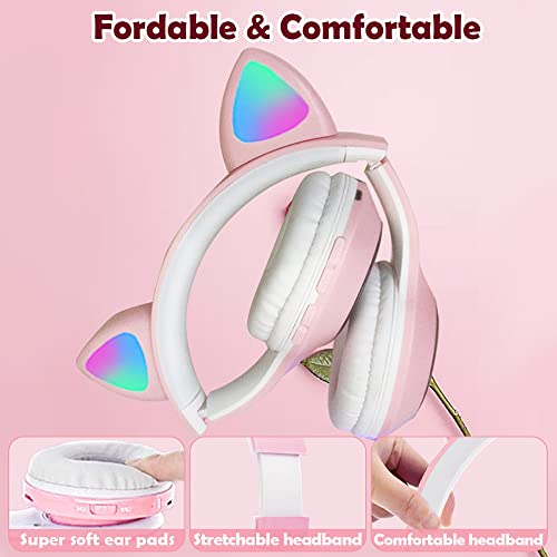 OONOL Kids Wireless Bluetooth Headphones, LED Light Over Ear Foldable Headphone with Microphone and Wired for Girls Women (Pink)