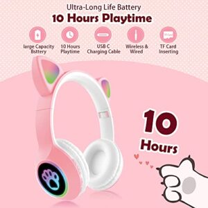 OONOL Kids Wireless Bluetooth Headphones, LED Light Over Ear Foldable Headphone with Microphone and Wired for Girls Women (Pink)