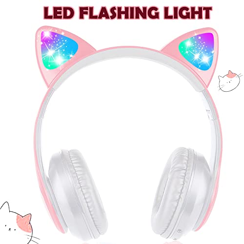 OONOL Kids Wireless Bluetooth Headphones, LED Light Over Ear Foldable Headphone with Microphone and Wired for Girls Women (Pink)