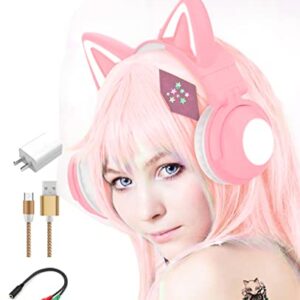 kuayang Wireless Cat Ear Headphones (7 Color Changing) with & 3.5mm Jack, Gaming Pro, Bluetooth&Wired Connection (Pink)