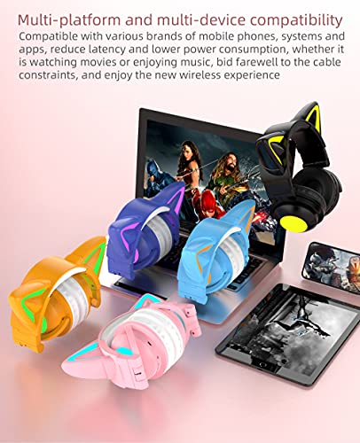 kuayang Wireless Cat Ear Headphones (7 Color Changing) with & 3.5mm Jack, Gaming Pro, Bluetooth&Wired Connection (Pink)