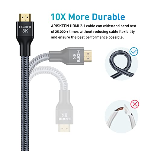 ARISKEEN 8K HDMI 2.1 Cable 10 ft, 48Gbps Ultra High Speed HDMI Braided Cord, Supports 8K@60HZ, 4K@120Hz, DTS:X, HDCP 2.2 & 2.3, eARC, HDR 10, Compatible with TV Xbox PS4 PS5 Monitor Blu-Ray - 10FT