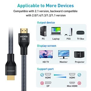 ARISKEEN 8K HDMI 2.1 Cable 10 ft, 48Gbps Ultra High Speed HDMI Braided Cord, Supports 8K@60HZ, 4K@120Hz, DTS:X, HDCP 2.2 & 2.3, eARC, HDR 10, Compatible with TV Xbox PS4 PS5 Monitor Blu-Ray - 10FT