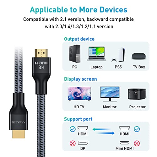 ARISKEEN 8K HDMI 2.1 Cable 10 ft, 48Gbps Ultra High Speed HDMI Braided Cord, Supports 8K@60HZ, 4K@120Hz, DTS:X, HDCP 2.2 & 2.3, eARC, HDR 10, Compatible with TV Xbox PS4 PS5 Monitor Blu-Ray - 10FT