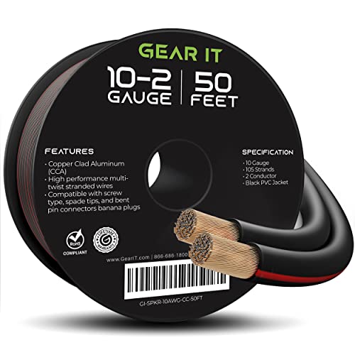 GearIT 10 Gauge Speaker Wire (50 Feet), Copper Clad Aluminum, CCA Thick Gauge Copper Wire for Stereo, Surround Sound, Home Theater, Radio (Black, 50 Feet)