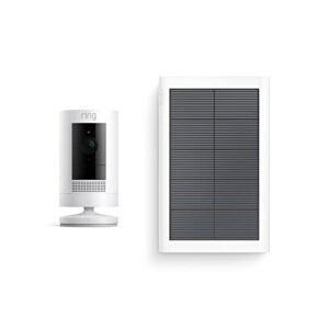 ring stick up cam solar hd security camera with two-way talk, works with alexa – white