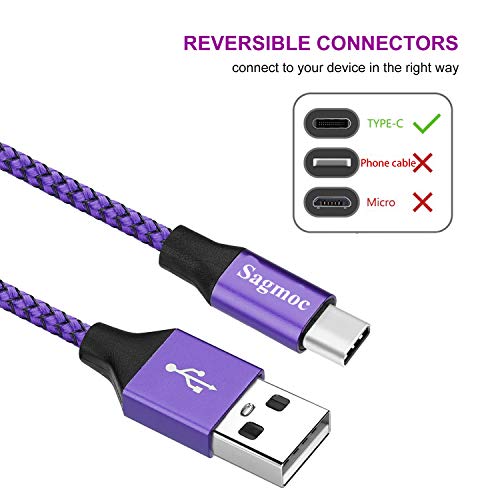 Sagmoc Type C Charger Cable Purple - USB C Rapid Charging Cord Shiny Nylon Braided【5 Pack】 2FT 3FT 2X6FT 10FT for Samsung S10 S9 S8 Plus, Note 8, LG G6 G5 V30 V20, Google Pixel/XL, Moto Z/Z2 (Violet)