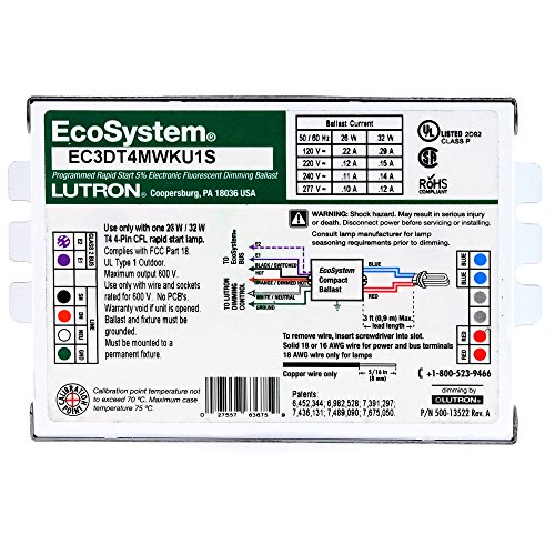 Lutron EC3DT4MWKU1S Dimming Ballast, T4 4 Pin, 120-277V, 1 Lamp