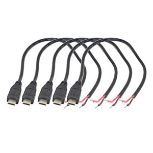 5pcs micro usb male plug cable 12inch 30cm 5v 3a 22awg 2 wires power pigtail cable cord diy black, 1 feet