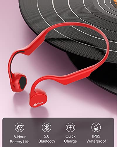 VIDONN Open-Ear Headphones, Air Conduction Wireless Earphones, Sweat Resistant Sport Bluetooth Earphones for Workouts and Running -Doesn't Hurt Your Ears-Long Battery Life-Built-in Mic (Red)