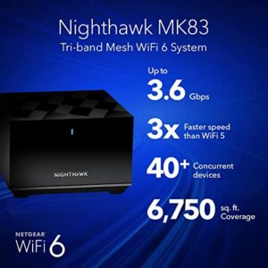 NETGEAR Nighthawk Tri-band Whole Home Mesh WiFi 6 System (MK83) AX3600 Router with 2 Satellite Extenders, Coverage up to 6,750 sq. ft. and 40+ devices