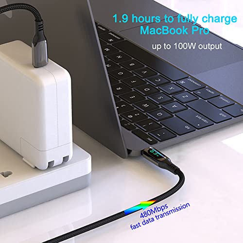 URVNS USB C Cable, E-Mark 5A PD 100W 6.5ft LCD Power Display Type-C Fast Charging 480Mbps Nylon Braided Laptop Data Cord for MacBook Pro Air iPad Samsung Galaxy Pixel LG PS5 and More