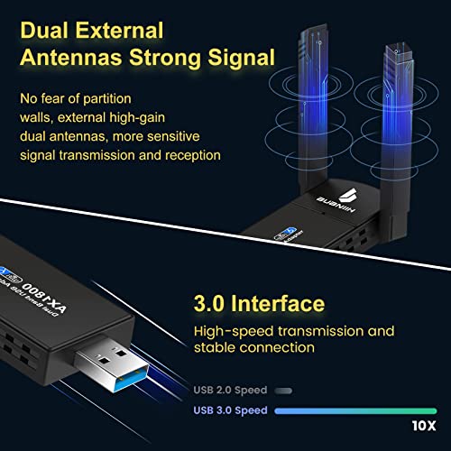 WiFi Adapter,USB WiFi 6 Adapter for Desktop PC,1800Mbps Dual Band 2.4G & 5G(574Mbps/1201Mbps),Dual 5dBi Antennas High Gain 802.11AC,Supports Windows 10/11