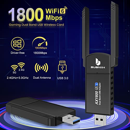 WiFi Adapter,USB WiFi 6 Adapter for Desktop PC,1800Mbps Dual Band 2.4G & 5G(574Mbps/1201Mbps),Dual 5dBi Antennas High Gain 802.11AC,Supports Windows 10/11