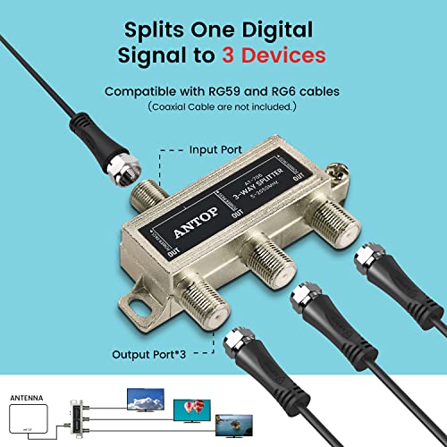 3 Way TV Signal Splitter,ANTOP Digital Coax Cable Splitter 2GHz- 5-2050MHz High Performance for Satellite/Cable TV Antenna