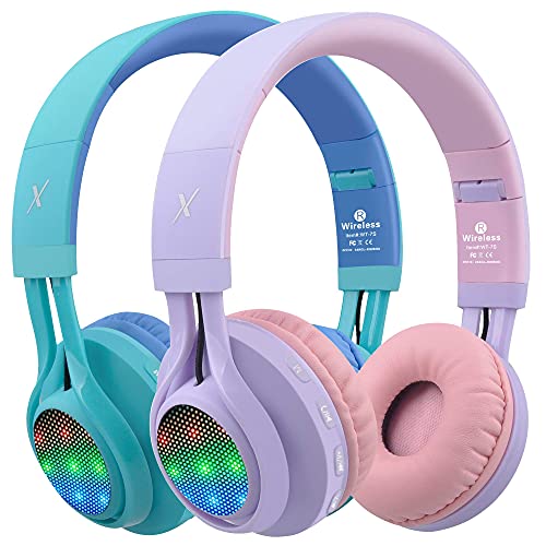 Riwbox WT-7S Kids Headphones Wireless, Bundle 2 Packs Foldable Stereo Bluetooth Headset with Mic and Volume Control for PC/Laptop/Tablet/iPad (Purple&Blue)