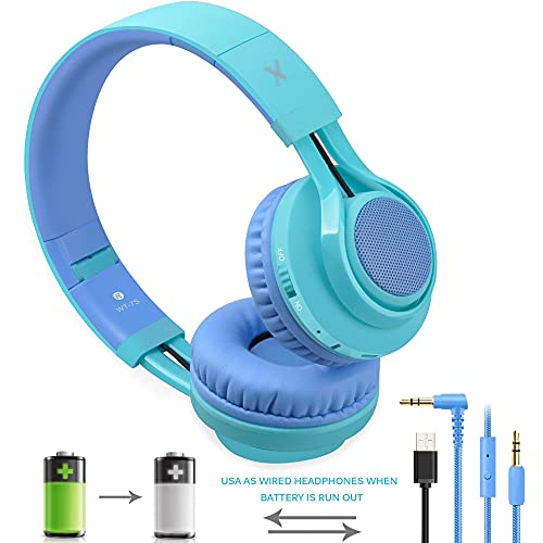 Riwbox WT-7S Kids Headphones Wireless, Bundle 2 Packs Foldable Stereo Bluetooth Headset with Mic and Volume Control for PC/Laptop/Tablet/iPad (Purple&Blue)