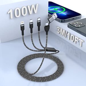 100w usb c multi fast charging cable, 10ft 5-in-1 pd 66w usb/c to usb c/micro usb/mfi certified iphone charging cord braided fast charging cord universal sync charger adapter for iphone/android/phone