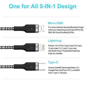 100W USB C Multi Fast Charging Cable, 10FT 5-in-1 PD 66W USB/C to USB C/Micro USB/MFi Certified iPhone Charging Cord Braided Fast Charging Cord Universal Sync Charger Adapter for iPhone/Android/Phone