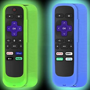 pinowu [2 pack universal remote cover (glow in the dark) compatible with tcl roku/hisense roku tv remote/roku express 4k+ /roku streaming stick 4k / roku 2 3 4 remote w/lanyard (green and blue)