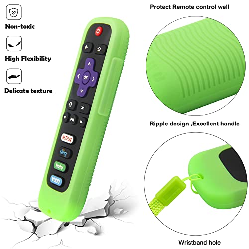 PINOWU [2 Pack Universal Remote Cover (Glow in the dark) Compatible with TCL Roku/Hisense Roku TV remote/Roku Express 4K+ /Roku Streaming Stick 4K / Roku 2 3 4 Remote w/Lanyard (Green and Blue)