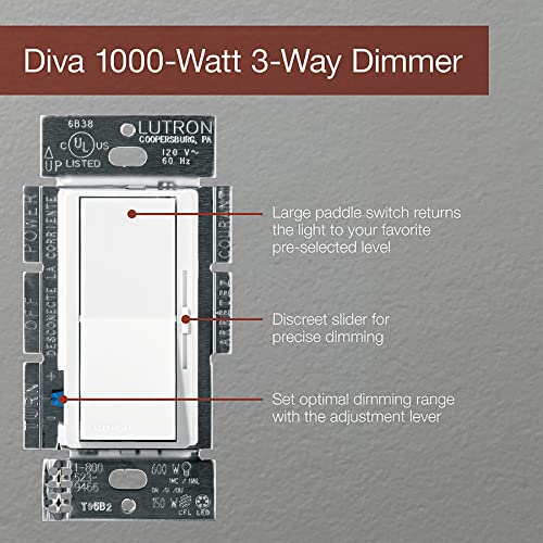 Lutron Diva Dimmer Switch for Incandescent Bulbs, 1000-Watt/3-Way Preset, DV-103P-WH, White