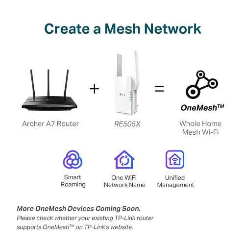 TP-Link AX1500 WiFi Extender Internet Booster, WiFi 6 Range Extender Covers up to 1500 sq.ft and 25 Devices,Dual Band up to 1.5Gbps Speed, AP Mode w/Gigabit Port, APP Setup, OneMesh Compatible(RE505X)