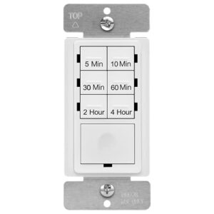 enerlites 4-hour no neutral wire countdown timer switch, 5-10-30-60 min, 2-4 hour, for bathroom fans, heaters, lights, led indicator, 120vac 800w, ul listed, het06-j-w, white