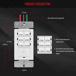 ENERLITES 4-Hour No Neutral Wire Countdown Timer Switch, 5-10-30-60 Min, 2-4 Hour, For Bathroom Fans, Heaters, Lights, LED Indicator, 120VAC 800W, UL Listed, HET06-J-W, White