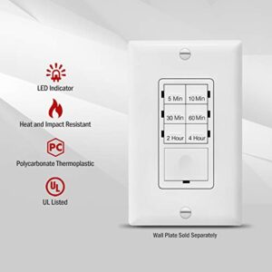 ENERLITES 4-Hour No Neutral Wire Countdown Timer Switch, 5-10-30-60 Min, 2-4 Hour, For Bathroom Fans, Heaters, Lights, LED Indicator, 120VAC 800W, UL Listed, HET06-J-W, White