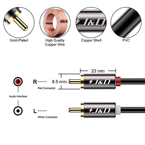 J&D RCA Cable, (2 Pack) Gold-Plated RCA Audio Cables, Copper Shell 2RCA Male to 2RCA Male Stereo Audio Cable, 3 Feet