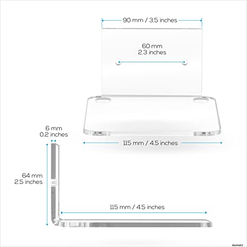 BRAINWAVZ 4.5” Small Floating Shelf, Adhesive & Screw in, for Speakers, Routers, Decor, Plants, Cameras, Photos, Kitchen, Toilet, Cable Box & More, Universal Holder (Clear)