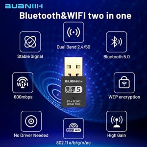 USB WiFi Bluetooth Adapter 2-in-1,Bluetooth Wireless External Receiver，600Mbps 2.4/5.8Ghz Dual Band Wireless Network,Plug and Play, for PC/Laptop/Desktop,Support Win7/8/8.1/10/Win 11