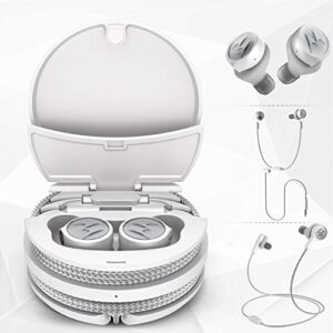 Motorola Tech 3-3-in-1 Smart True Wireless Headphones - Cordless Earbuds, Sport Wire, Audio Plug-in - IPX5, Built-in Microphone, Magnetic Charging Case with Cable Storage System - Platinum White