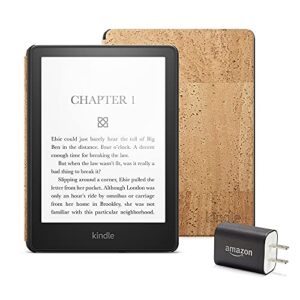 kindle paperwhite essentials bundle including kindle paperwhite – wifi, ad-supported, amazon cork cover, and power adapter
