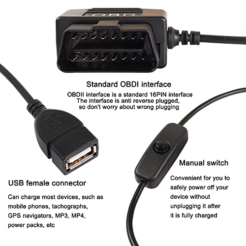 XMSJSIY OBD to USB Power Cable Adapter 16Pin OBD2 Male to 5V 2A USB Female Connector 12V 24V 36V to 5V 2A with Switch Button for Dash Camera Phone Car GPS DVR-0.5M/1.6FT