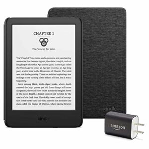 kindle essentials bundle including kindle (2022 release) – black – without lockscreen ads, fabric cover – black, and power adapter