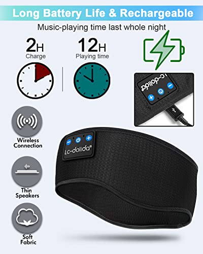 LC-dolida Bluetooth Headband, Cozy Band Wireless Sleep Headphones Sleep Mask with Thin HD Stereo Speakers Music Headband Perfect for Side Sleepers, Sport,Travel Best Gifts for Men Women