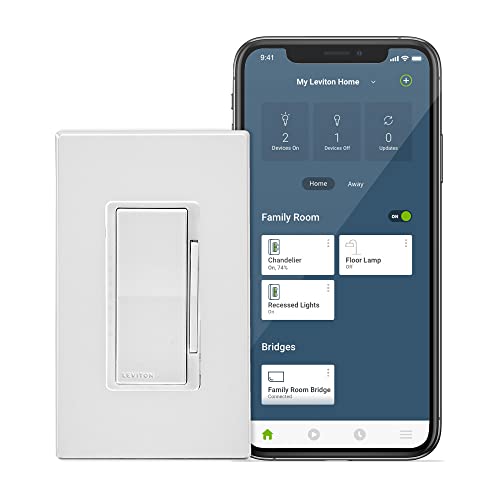 Leviton DN6HD-2RW Decora Smart No-Neutral 600W Dimmer, Requires MLWSB Wi-Fi Bridge to Work with My Leviton, Alexa, Hey Google, HomeKit/Siri, White