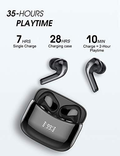 Tiksounds Wireless Earbuds, Bluetooth Headphones with Microphone, IPX7 Waterproof, 35H Playtime with LED Power Display, High-Fidelity Stereo Earphones for Sports and Work (Black)