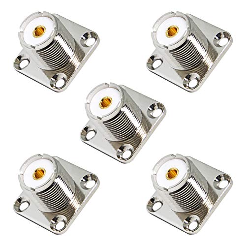 UHF Panel Mount, 5-Pack Female SO239 Chassis Mount 4-Hole Jack Flange Solder Cup RF Coax Connector for J Pole Antenna, 1/4 Wave Antenna, Ground Plane Antenna