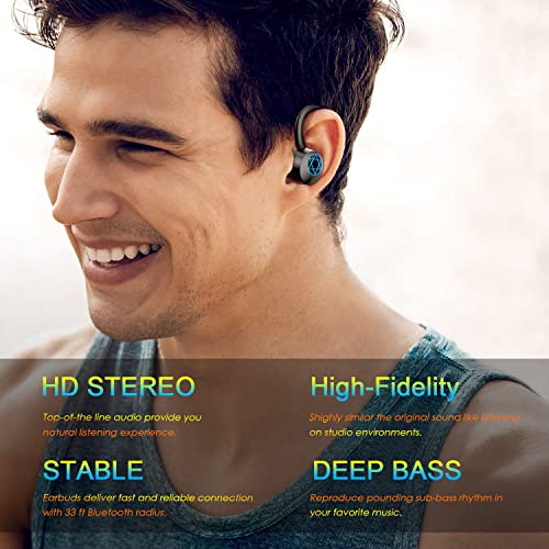 Wireless Earbuds Bluetooth Sports Earphones with Earhook, Long Playtime Earbuds in Ears, Hands Free Stereo Noise Cancelling Earphones with HD Mic, Waterproof Earphones for Exercising/Running/Game